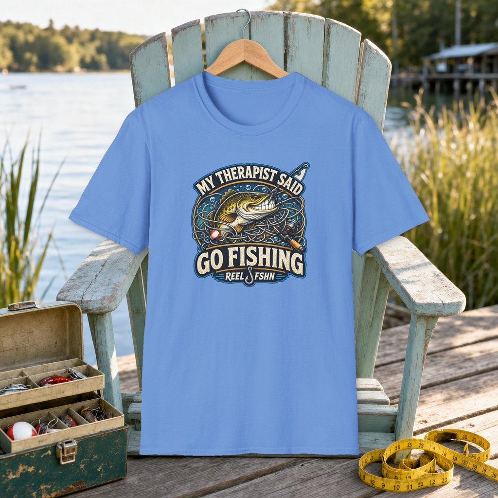 My Therapist Said, Go Fishing T-Shirt on a hanger on a seafoam fishing chair beside a lake, tackle box, and measuring tape