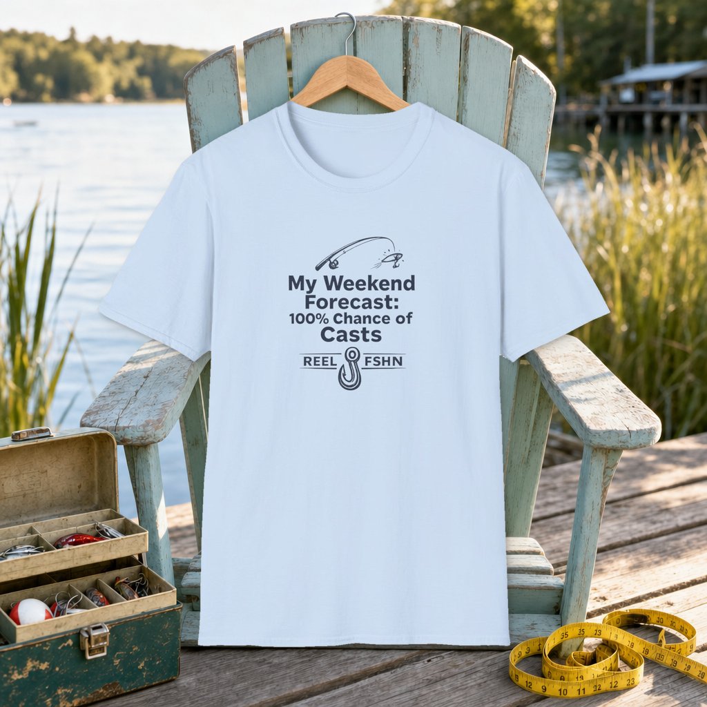 My Weekend Forecast: 100% Chance Of Casts T-Shirt on a hanger on a seafoam fishing chair beside a lake, tackle box, and measuring tape