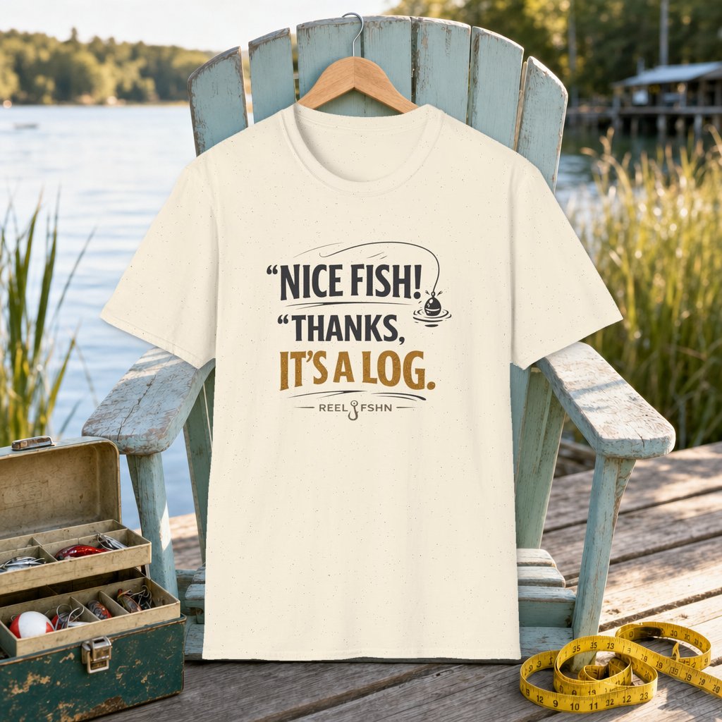 Nice Fish! Thanks, It's A Log  T-Shirt on a hanger on a seafoam fishing chair beside a lake, tackle box, and measuring tape