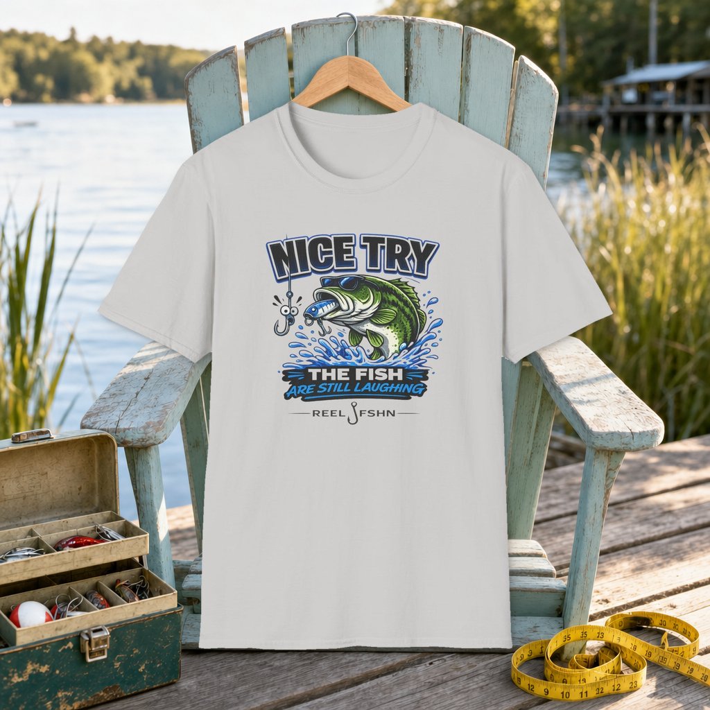Nice Try The Fish Are Still Laughing T-Shirt on a hanger on a seafoam fishing chair beside a lake, tackle box, and measuring tape