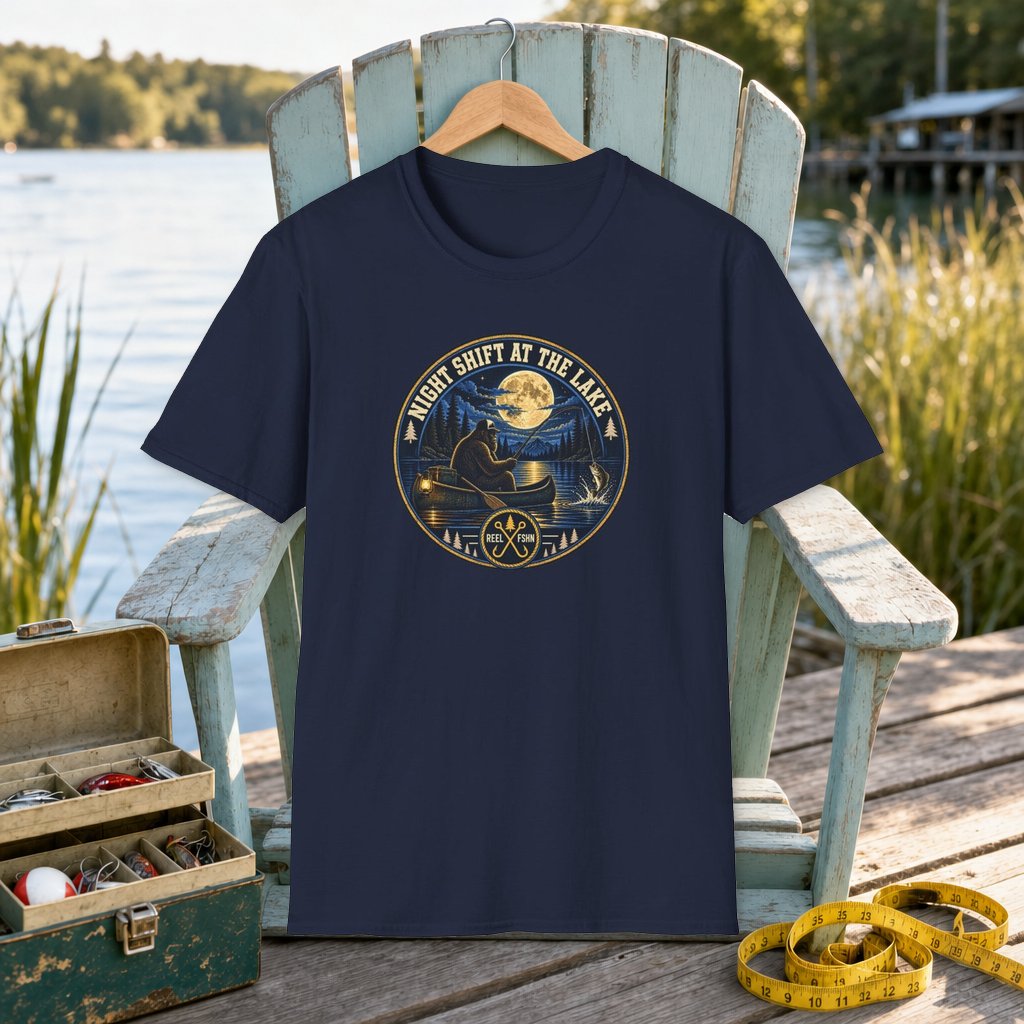 Night Shift At The Lake T-Shirt on a hanger on a seafoam fishing chair beside a lake, tackle box, and measuring tape