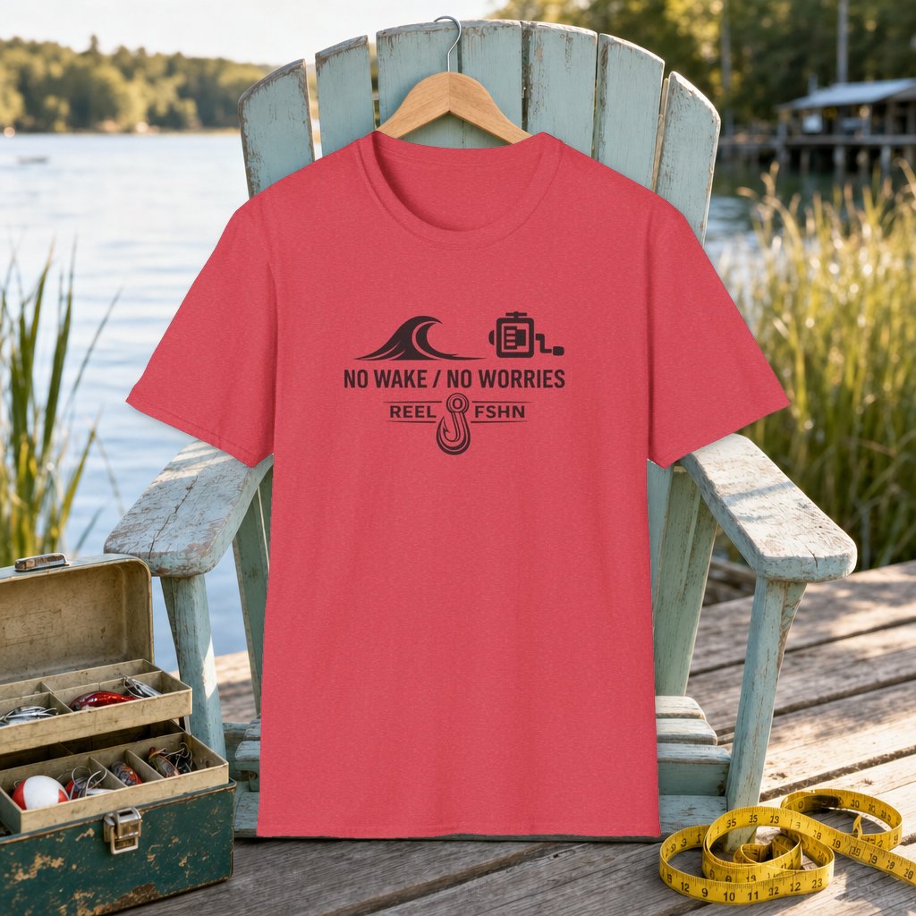 No Wake/No Worries T-Shirt on a hanger on a seafoam fishing chair beside a lake, tackle box, and measuring tape