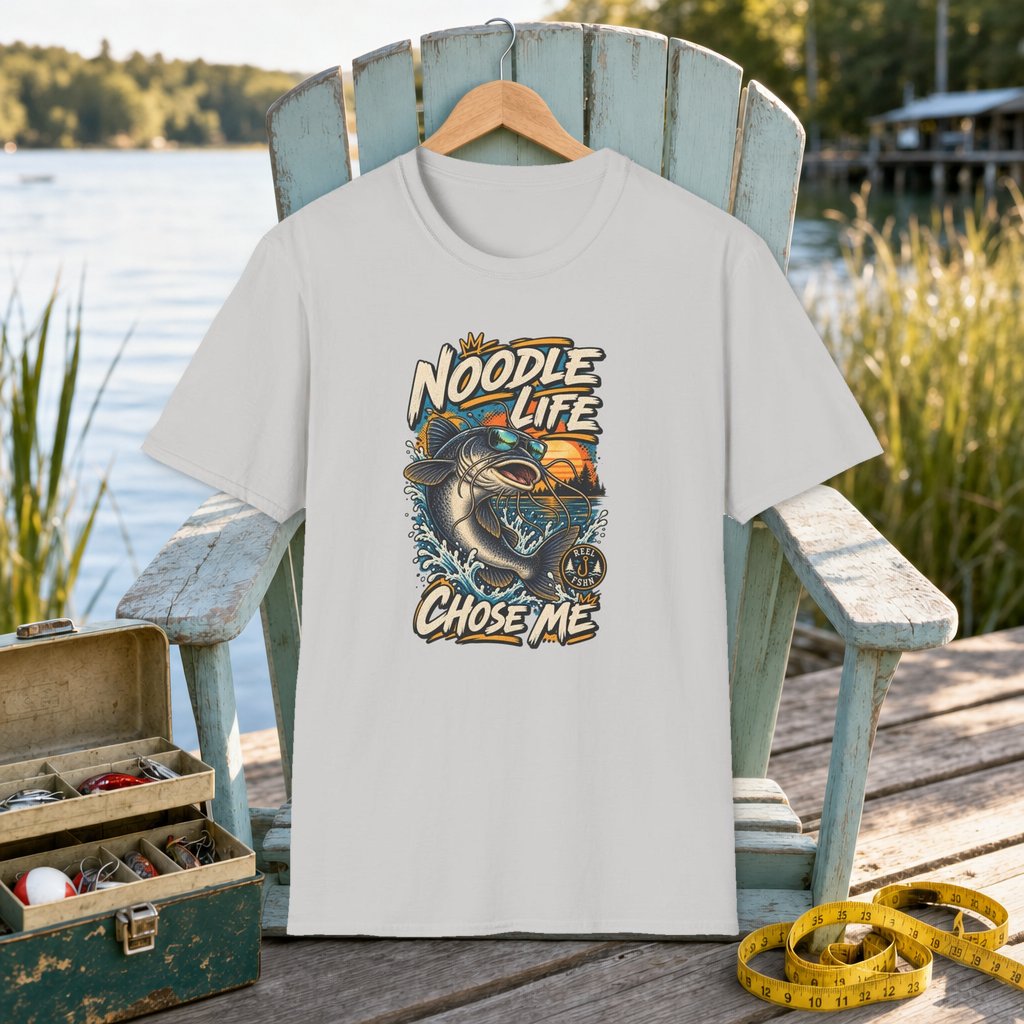 Noodle Life Chose Me T-Shirt on a hanger on a seafoam fishing chair beside a lake, tackle box, and measuring tape