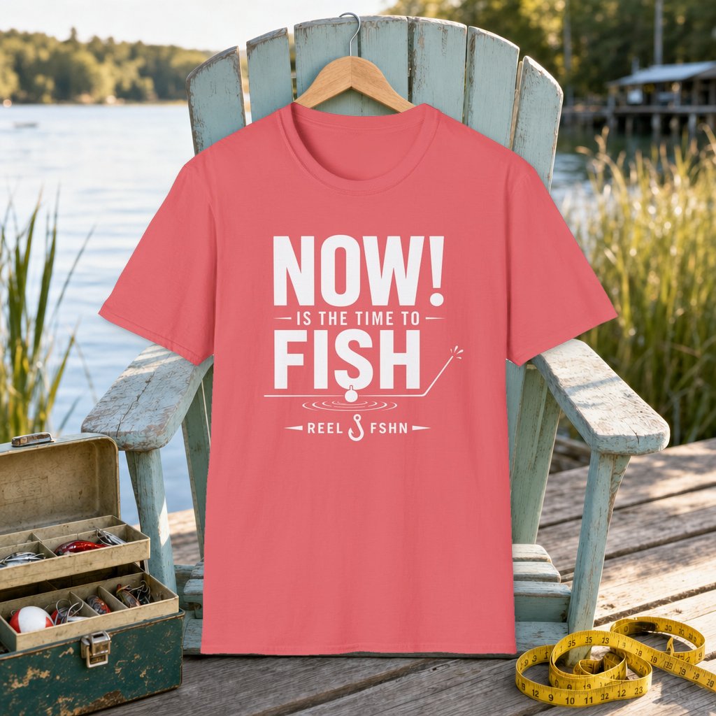 Now Is The Time To Fish  T-Shirt on a hanger on a seafoam fishing chair beside a lake, tackle box, and measuring tape
