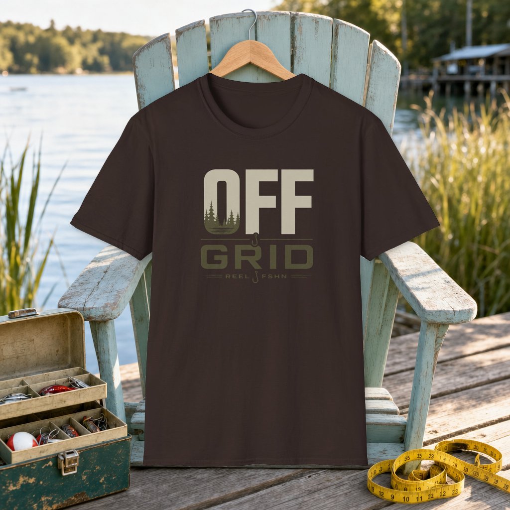 OFF Grid T-Shirt on a hanger on a seafoam fishing chair beside a lake, tackle box, and measuring tape