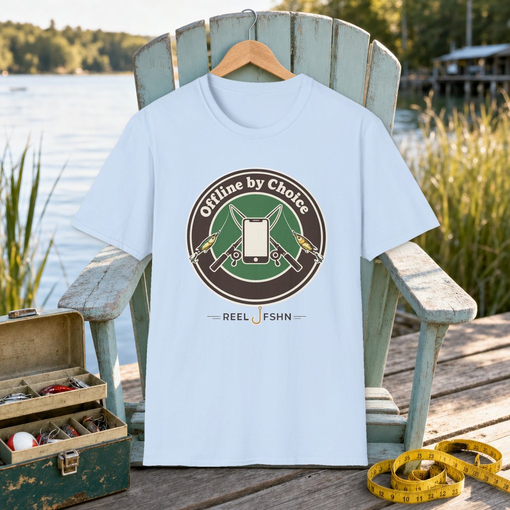 Offline By Choice T-Shirt on a hanger on a seafoam fishing chair beside a lake, tackle box, and measuring tape