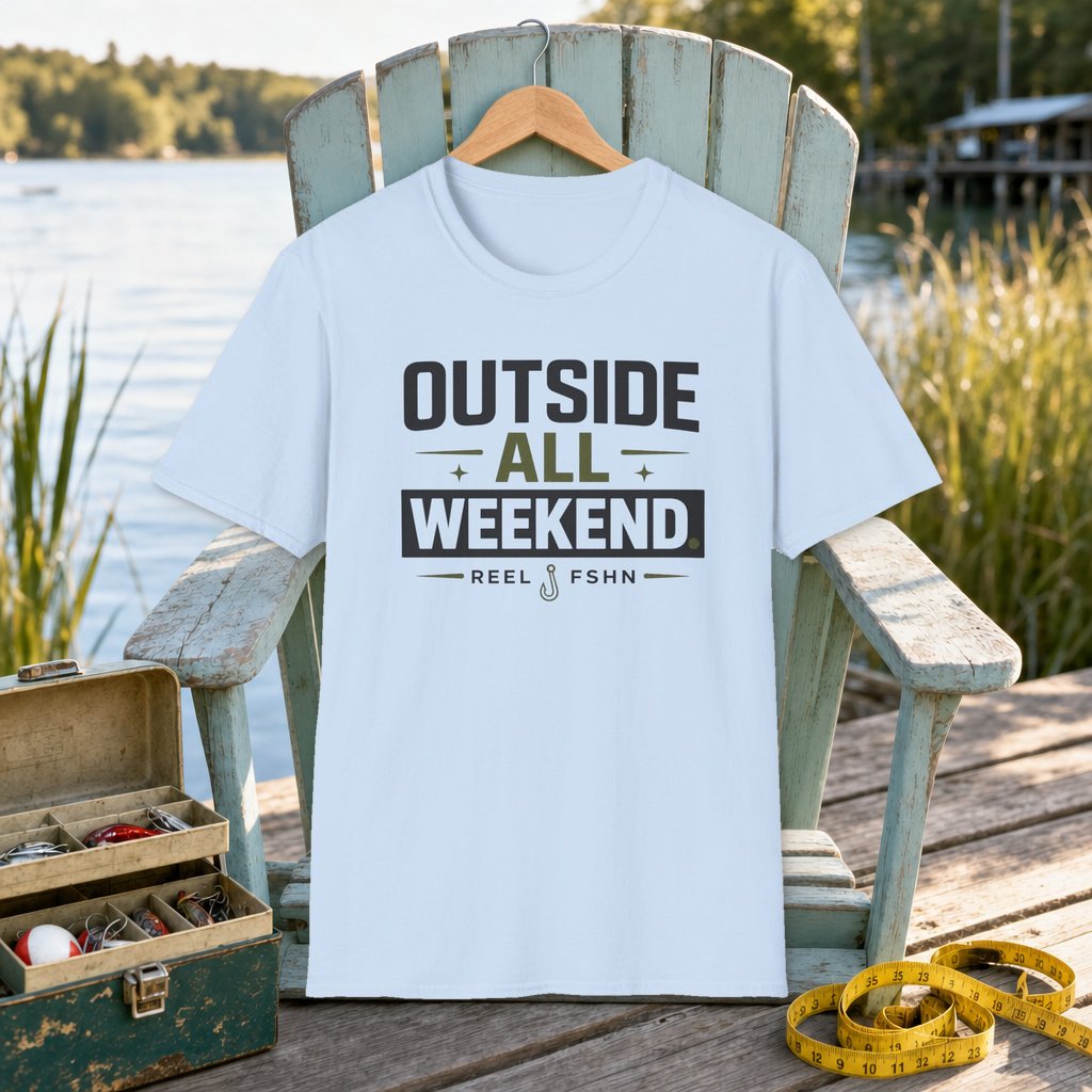 Outside All Weekend T-Shirt on a hanger on a seafoam fishing chair beside a lake, tackle box, and measuring tape