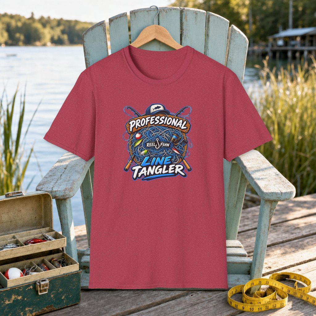 Professional Line Tangler T-Shirt on a hanger on a seafoam fishing chair beside a lake, tackle box, and measuring tape