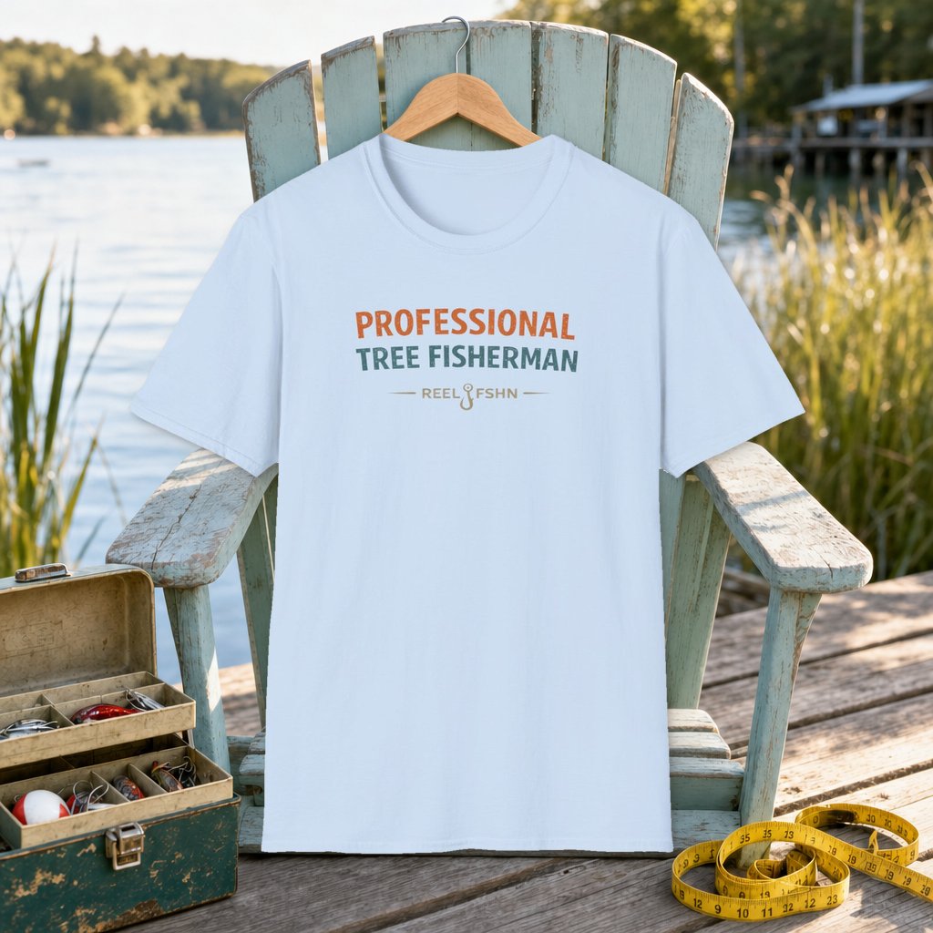 Professional Tree Fisherman T-Shirt on a hanger on a seafoam fishing chair beside a lake, tackle box, and measuring tape