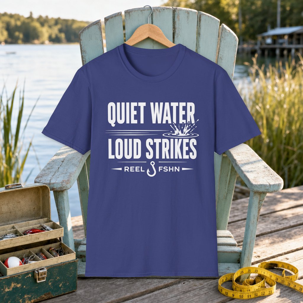 Quiet Water Loud Strikes  T-Shirt on a hanger on a seafoam fishing chair beside a lake, tackle box, and measuring tape