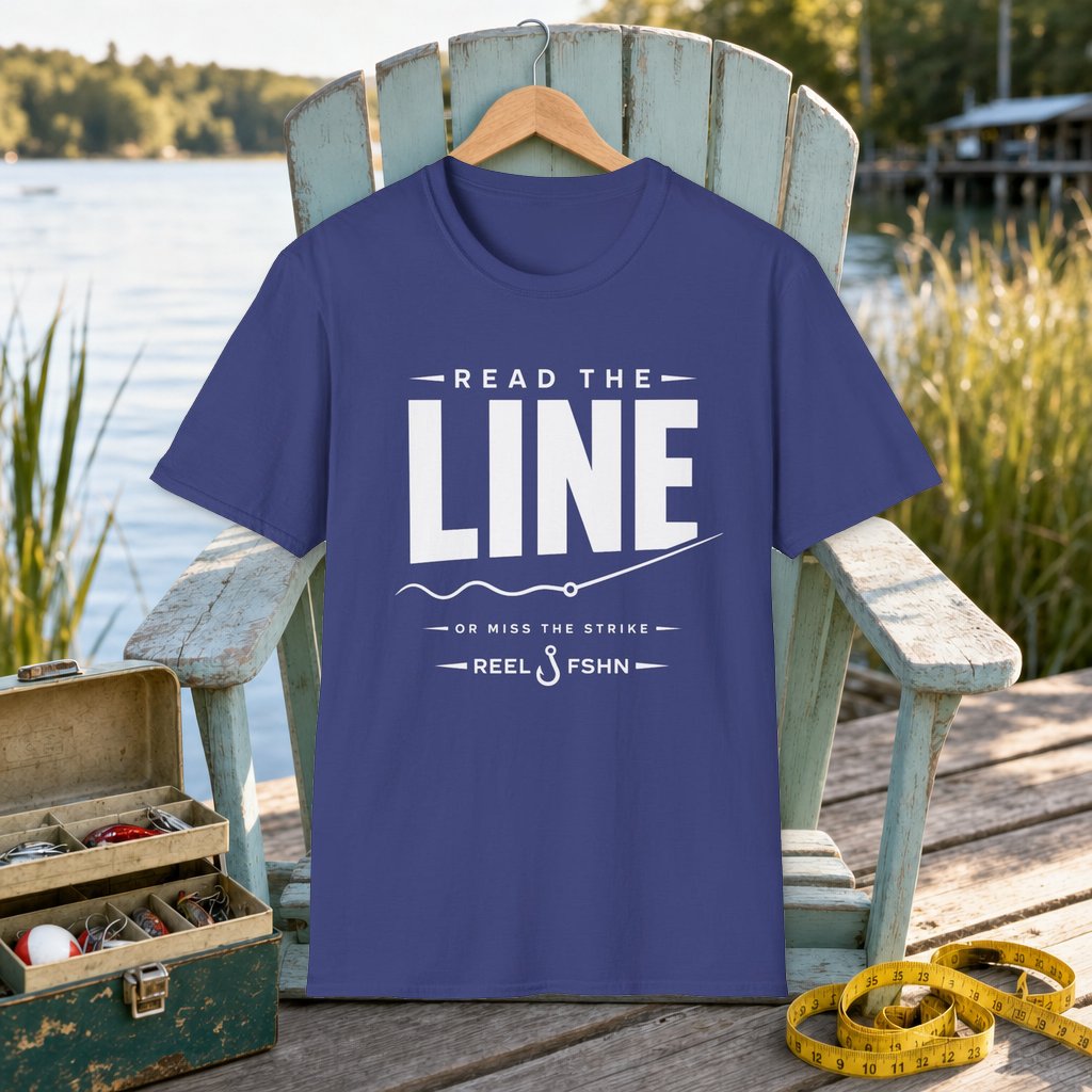 Read The Line Or Miss The Strike  T-Shirt on a hanger on a seafoam fishing chair beside a lake, tackle box, and measuring tape