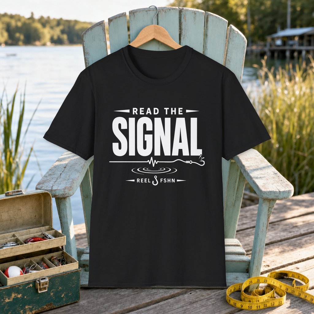 Read The Signal  T-Shirt on a hanger on a seafoam fishing chair beside a lake, tackle box, and measuring tape