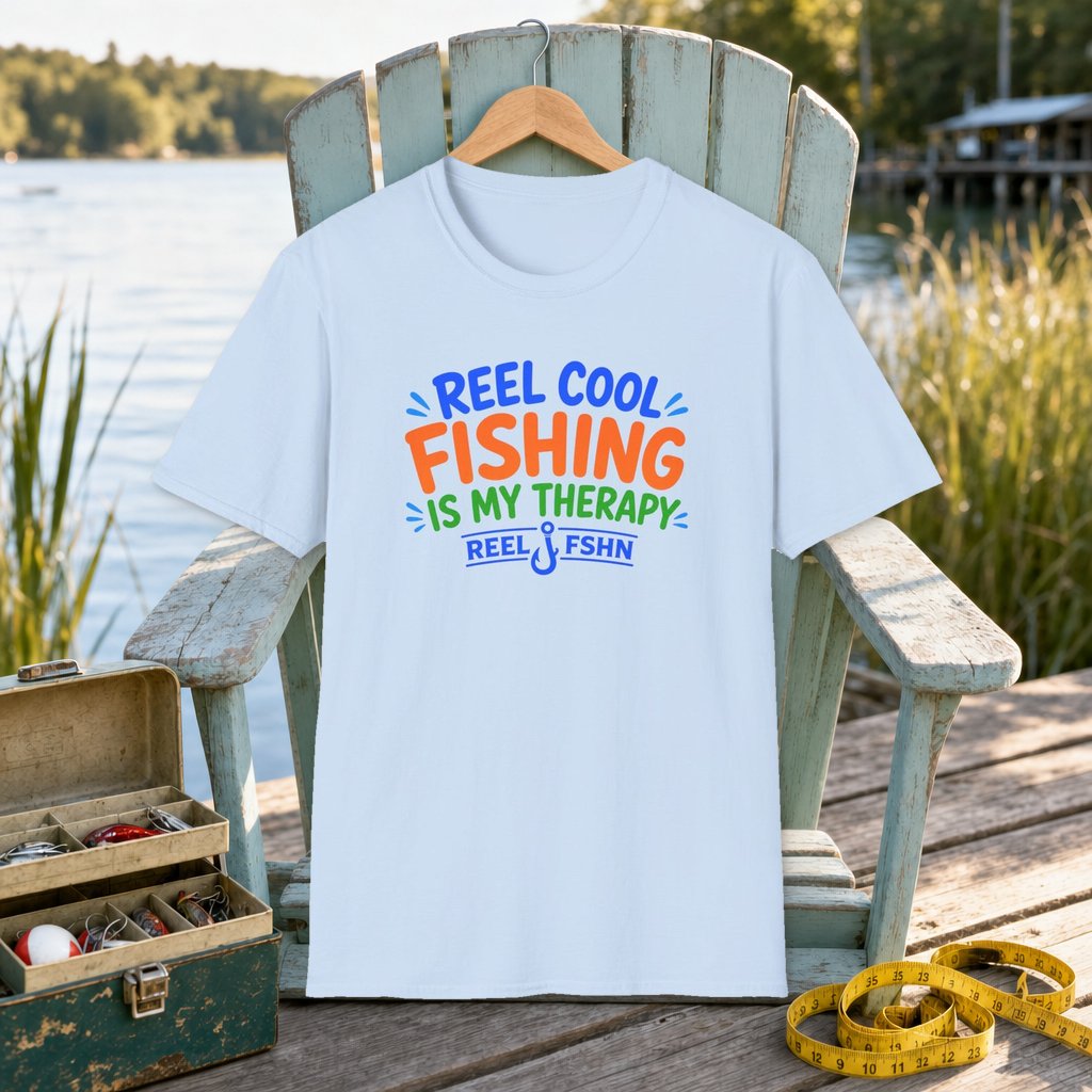 Reel Cool Fishing Is My Therapy  T-Shirt on a hanger on a seafoam fishing chair beside a lake, tackle box, and measuring tape