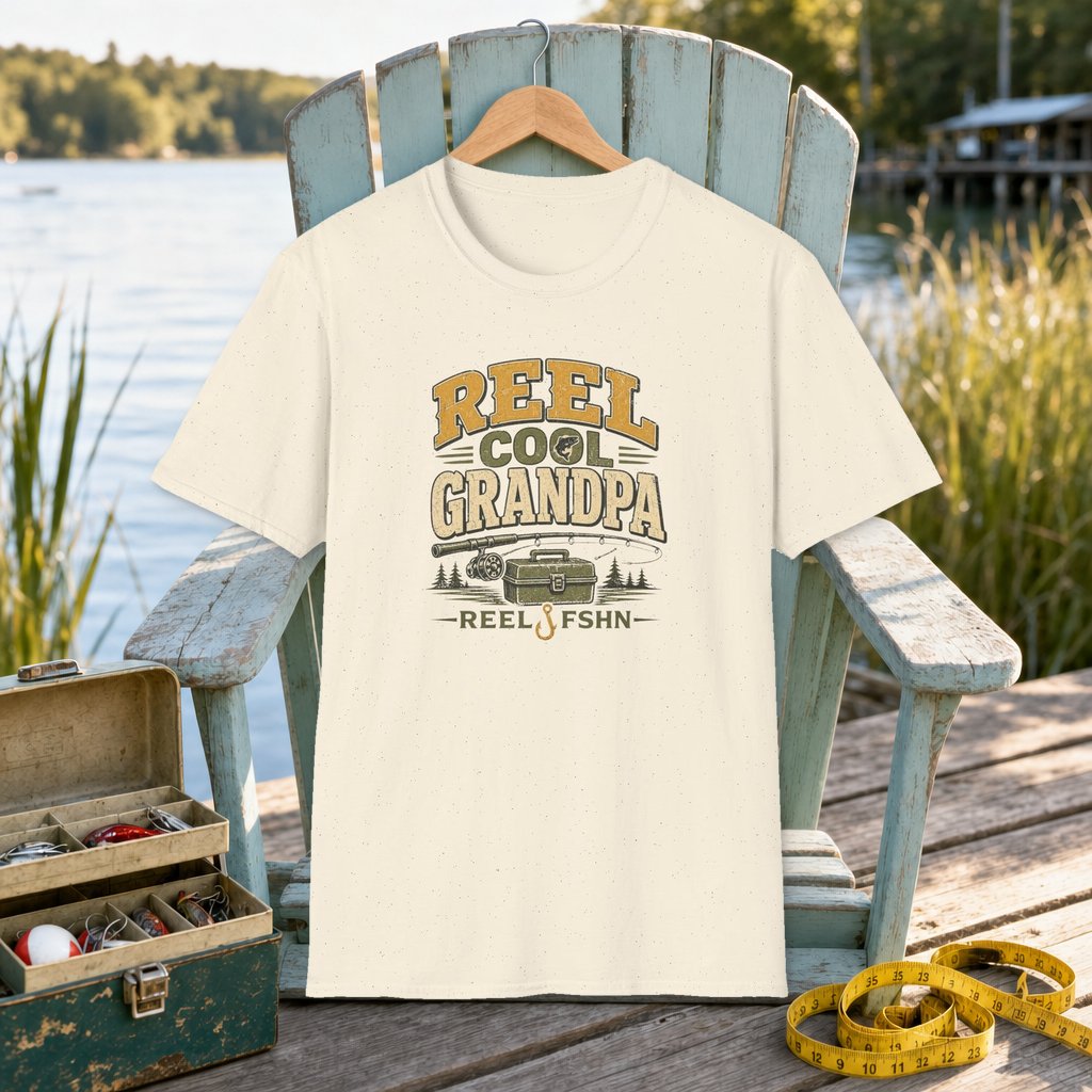 REEL COOL GRANDPA T-Shirt on a hanger on a seafoam fishing chair beside a lake, tackle box, and measuring tape
