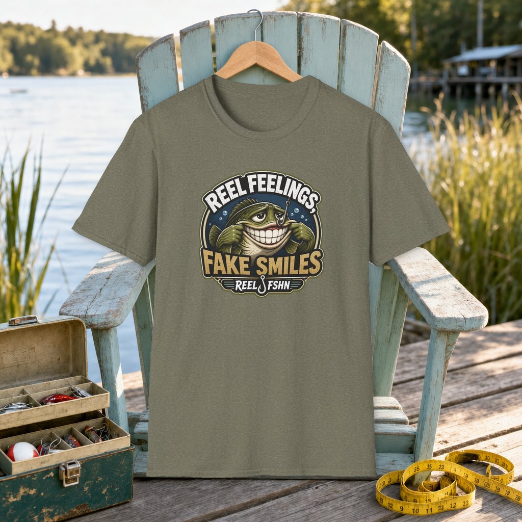 REEL Feelings Fake Smiles T-Shirt on a hanger on a seafoam fishing chair beside a lake, tackle box, and measuring tape
