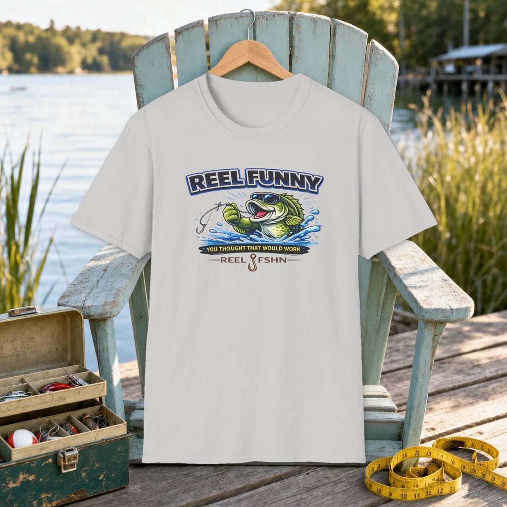 Reel Funny You Thought That Would Work T-Shirt on a hanger on a seafoam fishing chair beside a lake, tackle box, and measuring tape