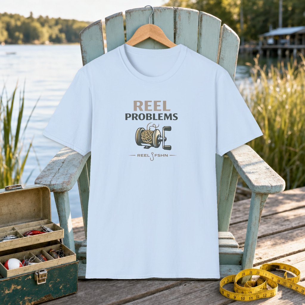 Reel Problems  T-Shirt on a hanger on a seafoam fishing chair beside a lake, tackle box, and measuring tape
