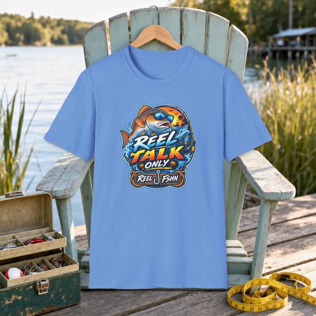 REEL Talk Only T-Shirt on a hanger on a seafoam fishing chair beside a lake, tackle box, and measuring tape
