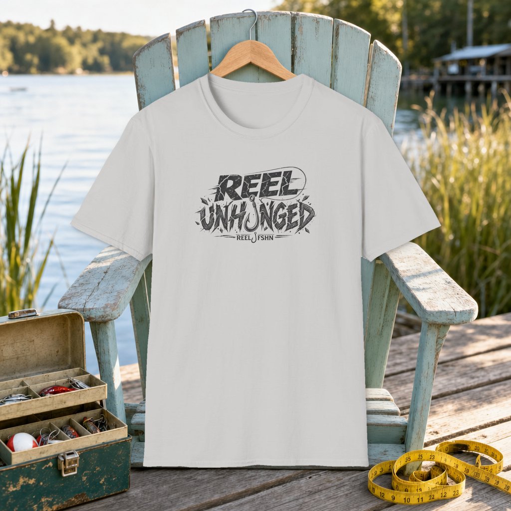 Reel Unhinged T-Shirt on a hanger on a seafoam fishing chair beside a lake, tackle box, and measuring tape