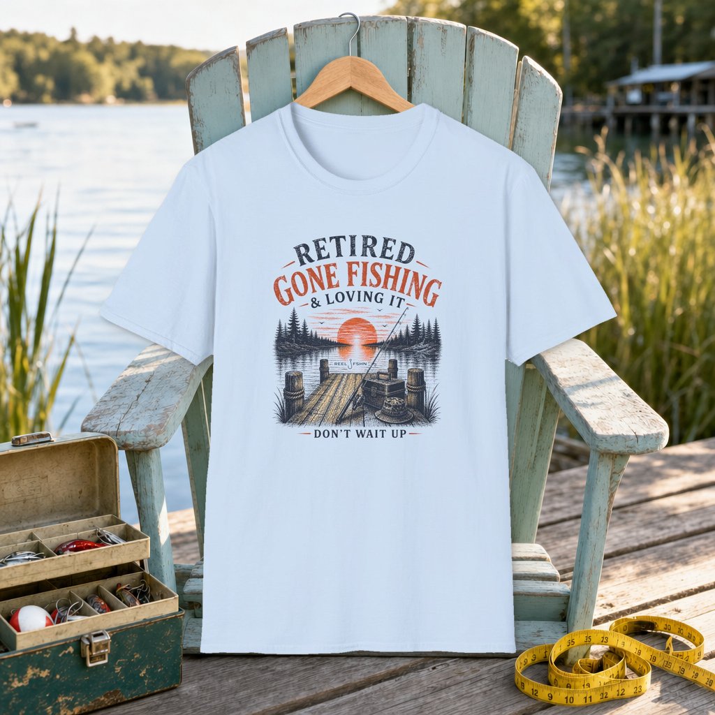 Retired Gone Fishing & Loving It, Don't Wait Up T-Shirt on a hanger on a seafoam fishing chair beside a lake, tackle box, and measuring tape