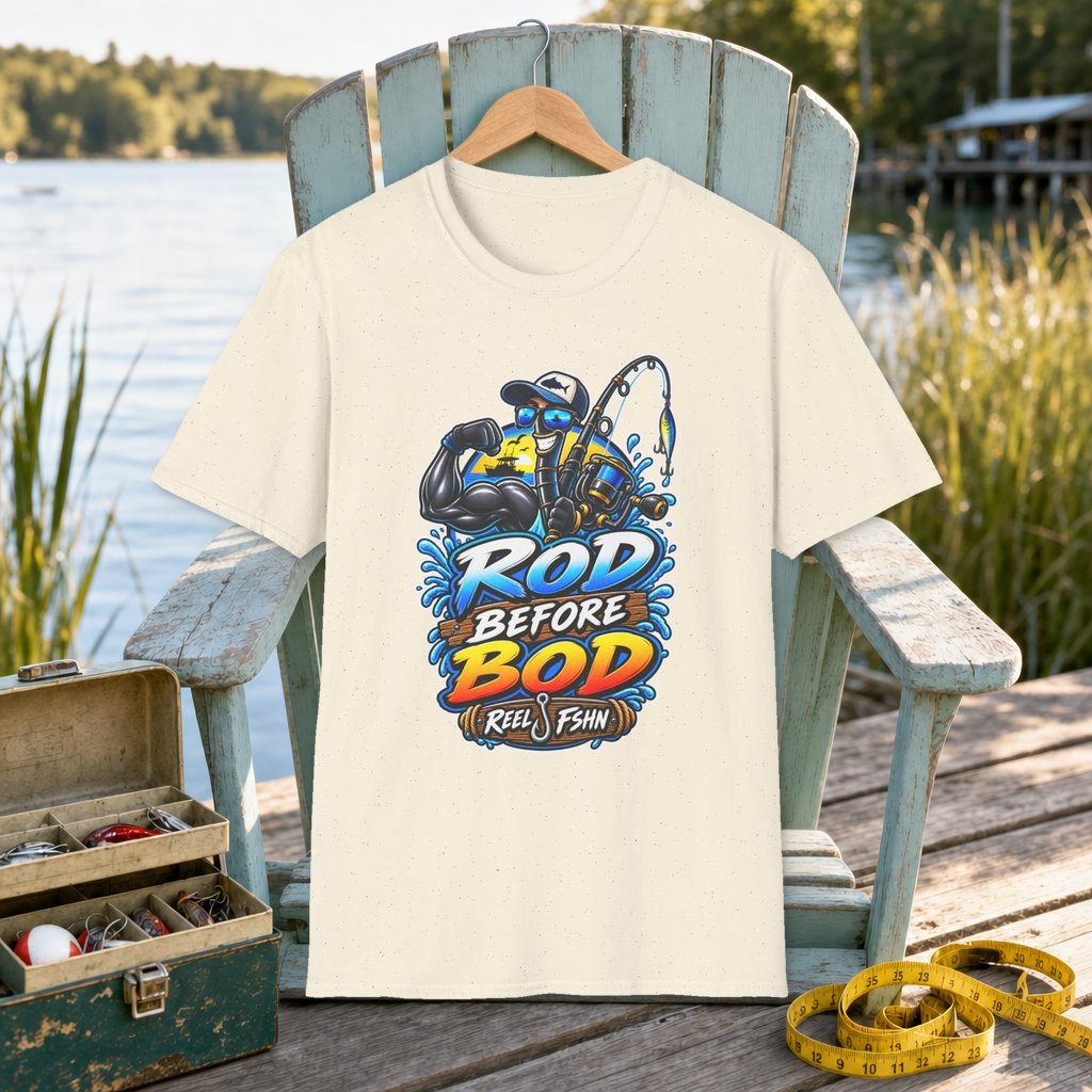Rod Before Bod T-Shirt on a hanger on a seafoam fishing chair beside a lake, tackle box, and measuring tape