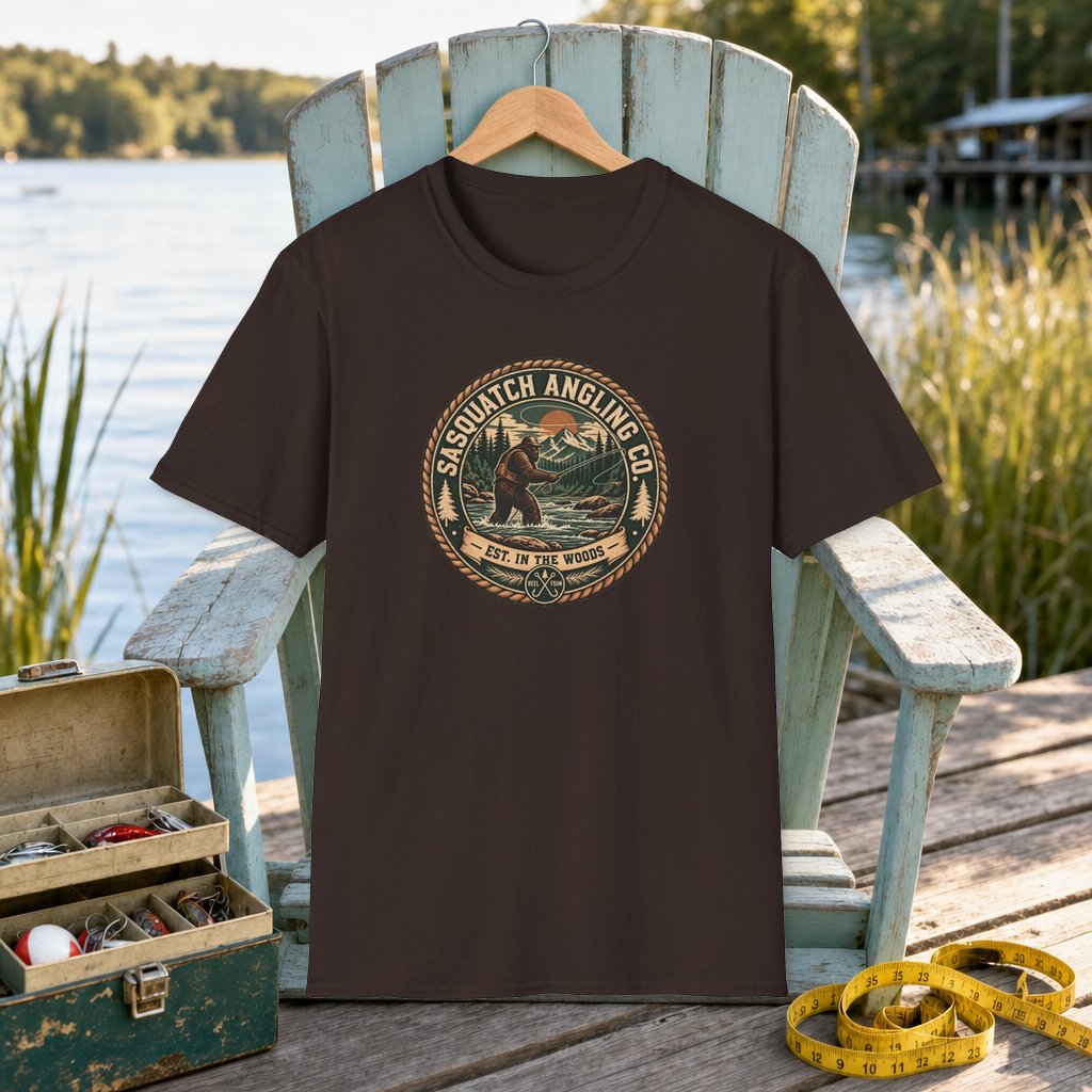 Sasquatch Angling Co. T-Shirt on a hanger on a seafoam fishing chair beside a lake, tackle box, and measuring tape