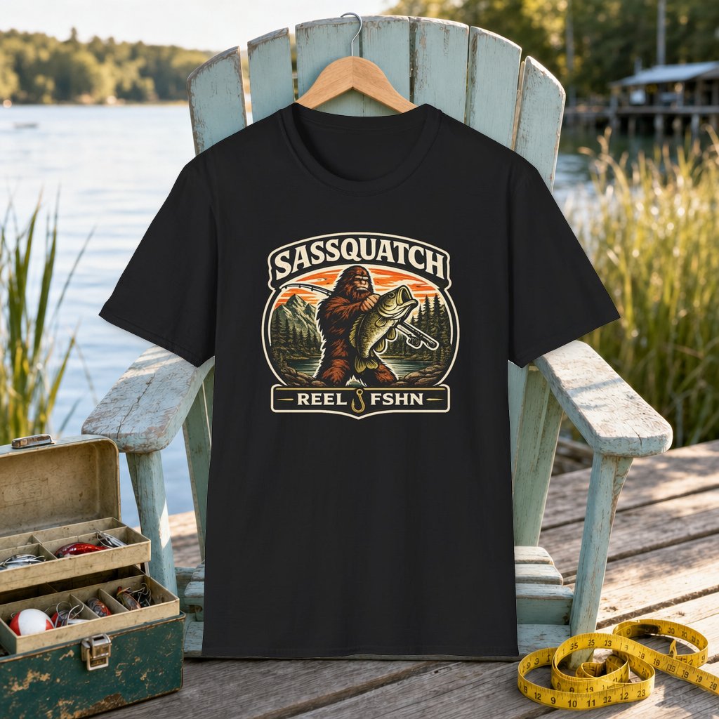 SASSQUATCH T-Shirt on a hanger on a seafoam fishing chair beside a lake, tackle box, and measuring tape