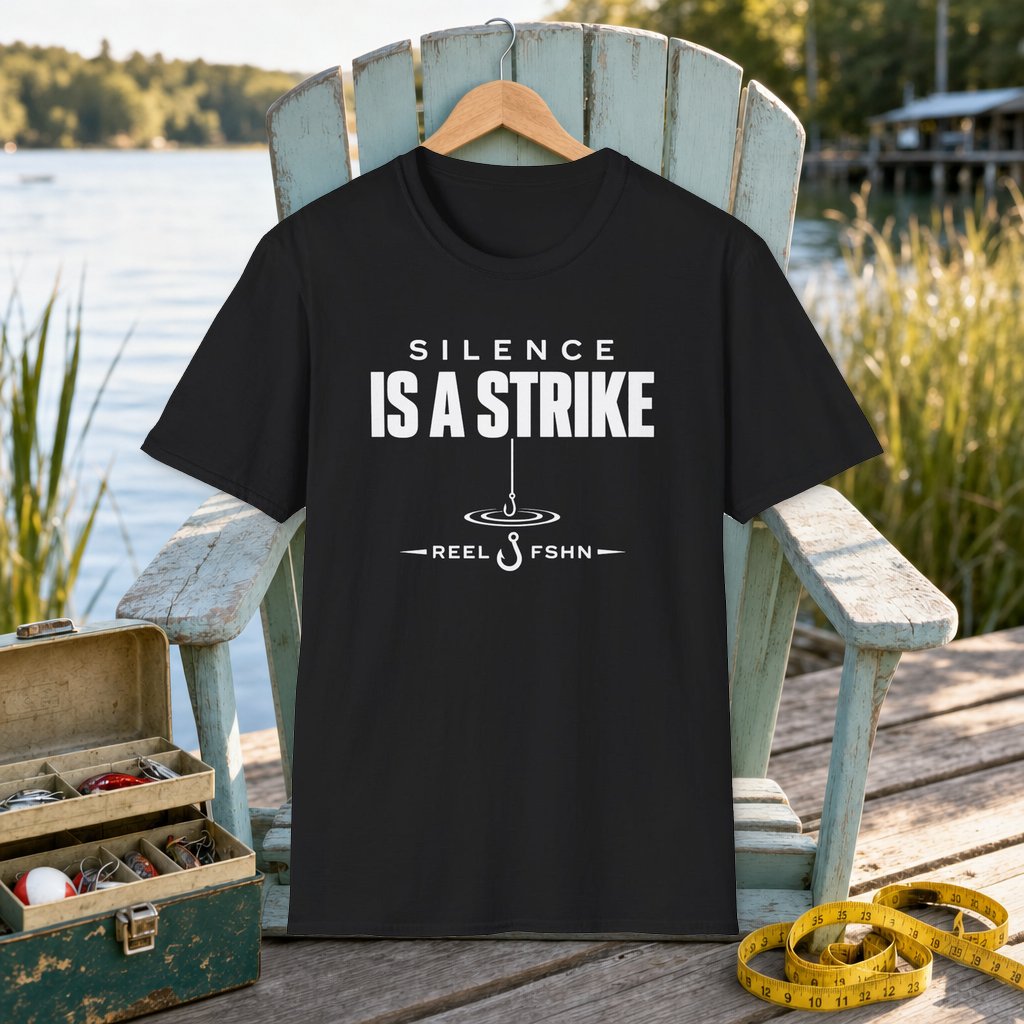 Silence Is A Strike T-Shirt on a hanger on a seafoam fishing chair beside a lake, tackle box, and measuring tape