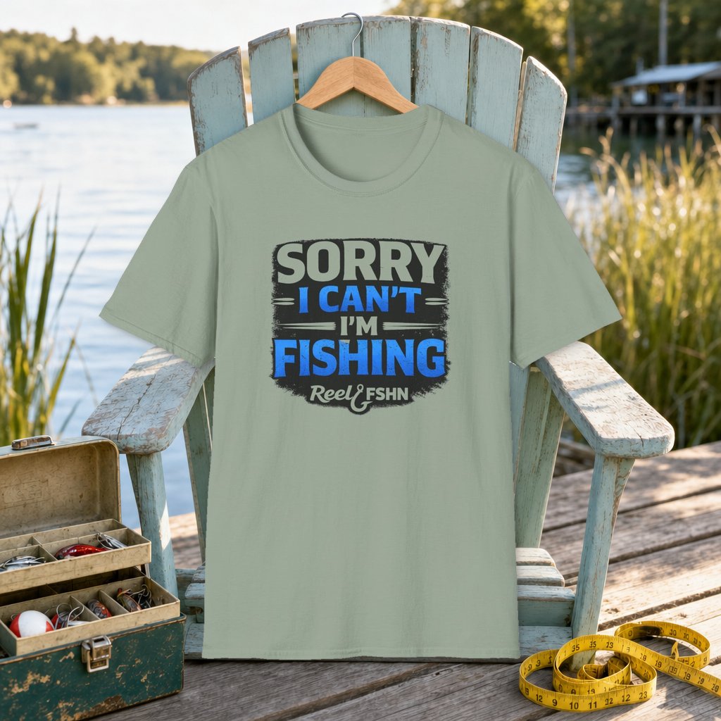 Sorry I Can't I'm Fishing T-Shirt on a hanger on a seafoam fishing chair beside a lake, tackle box, and measuring tape