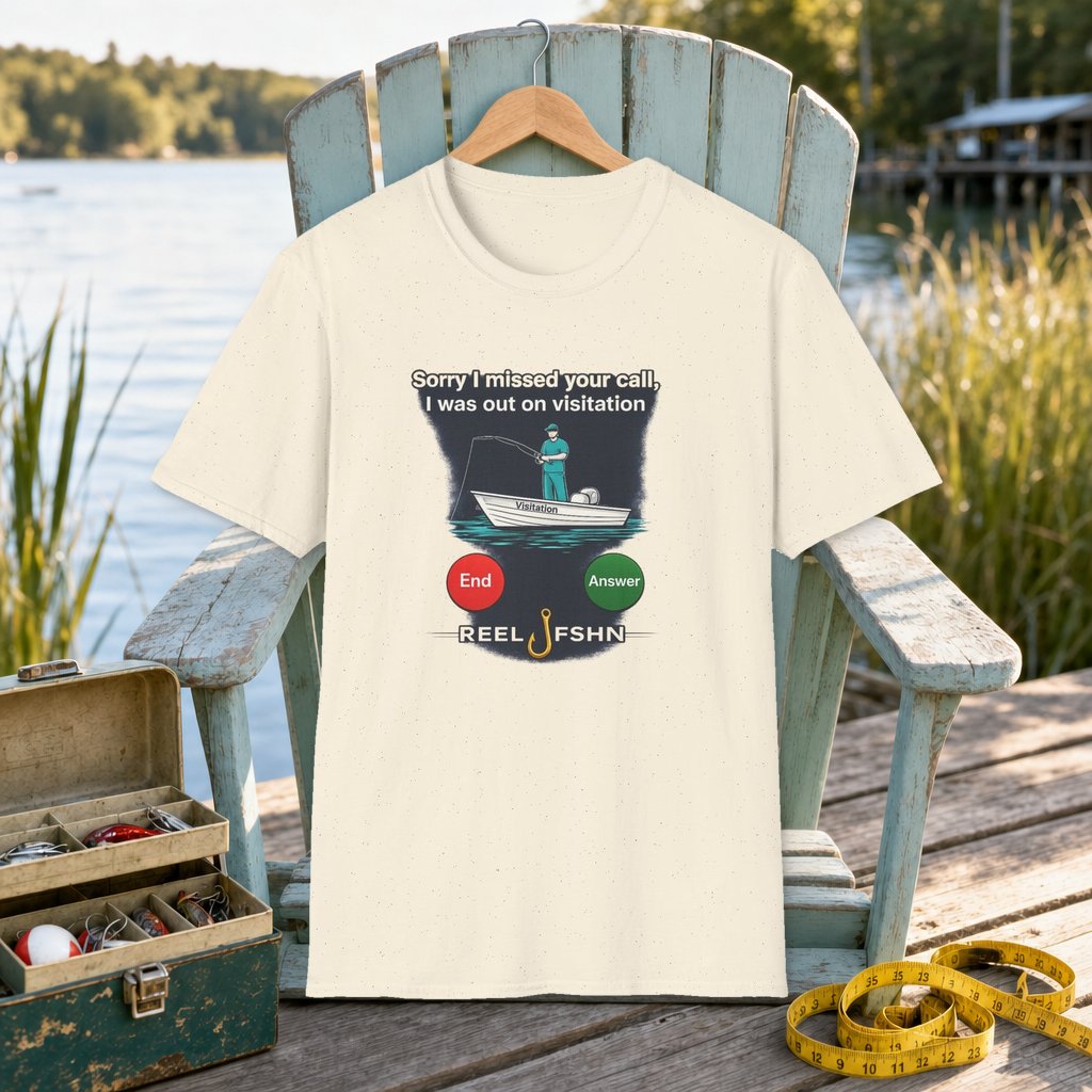 Sorry I Missed Your Call, I was out on Visitation T-Shirt on a hanger on a seafoam fishing chair beside a lake, tackle box, and measuring tape