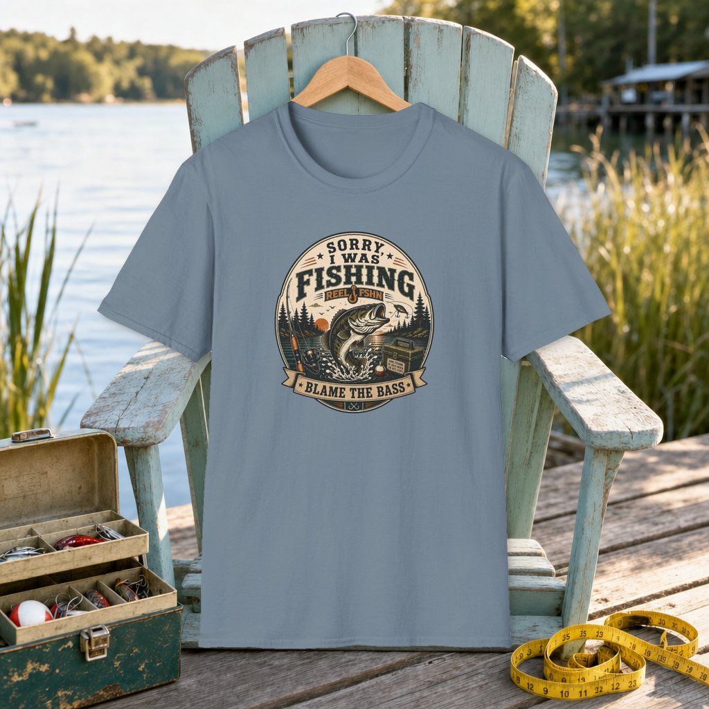 Sorry I Was Fishing, Blame The Bass T-Shirt on a hanger on a seafoam fishing chair beside a lake, tackle box, and measuring tape