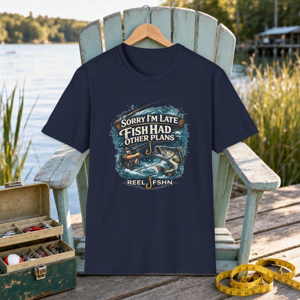 Sorry I'm Late, Fish Had Other Plans T-Shirt on a hanger on a seafoam fishing chair beside a lake, tackle box, and measuring tape