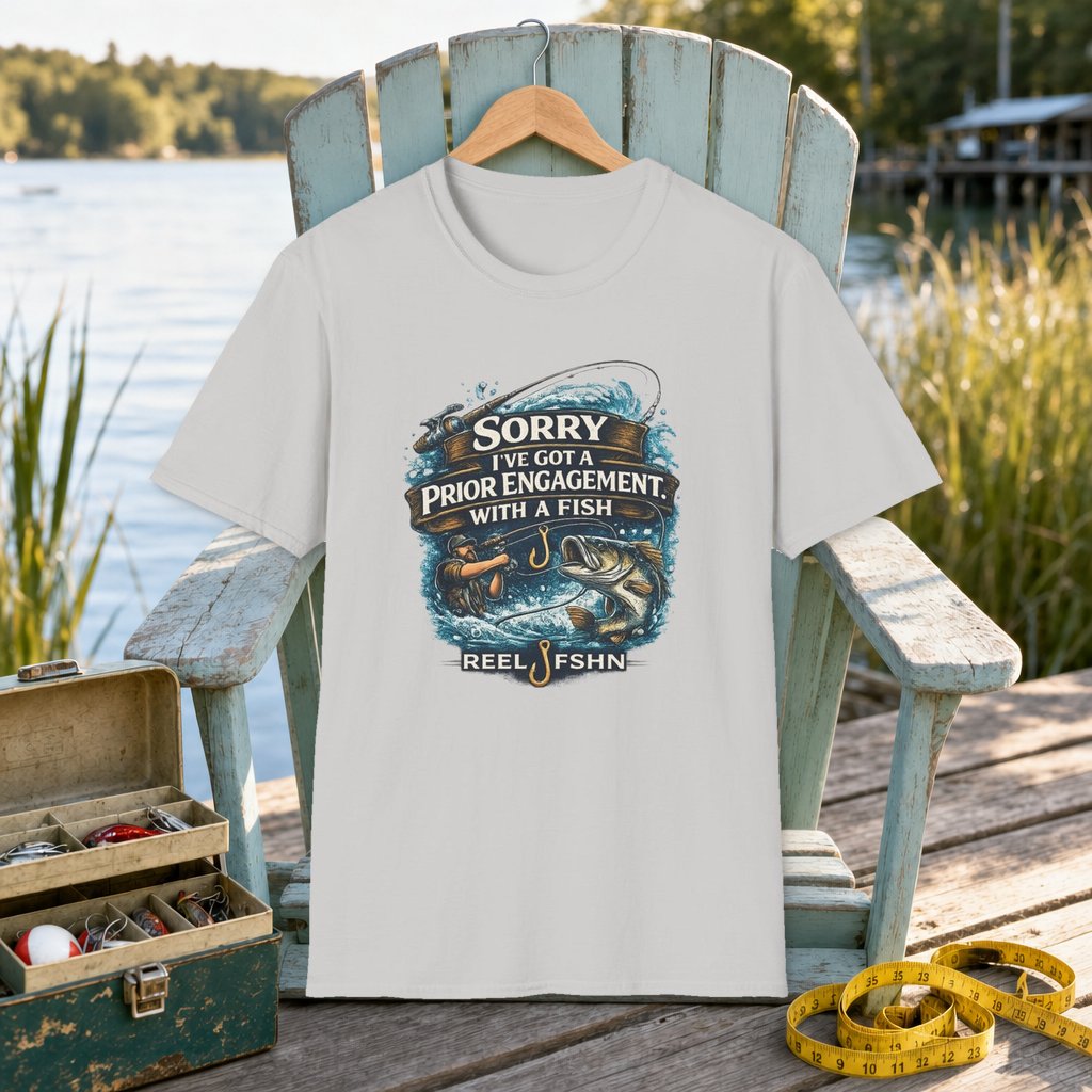 Sorry I've Got A Prior Engagement with A Fish T-Shirt on a hanger on a seafoam fishing chair beside a lake, tackle box, and measuring tape