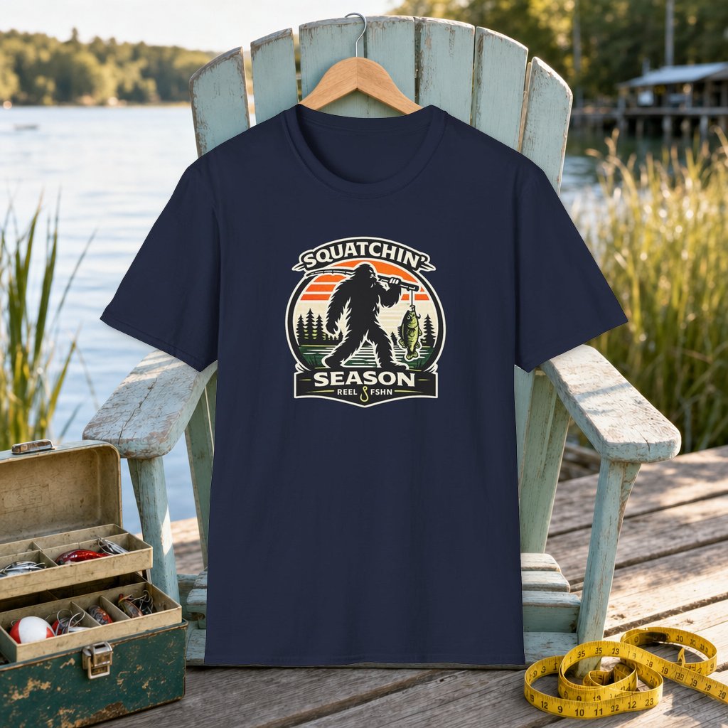 Squatchin Season T-Shirt on a hanger on a seafoam fishing chair beside a lake, tackle box, and measuring tape