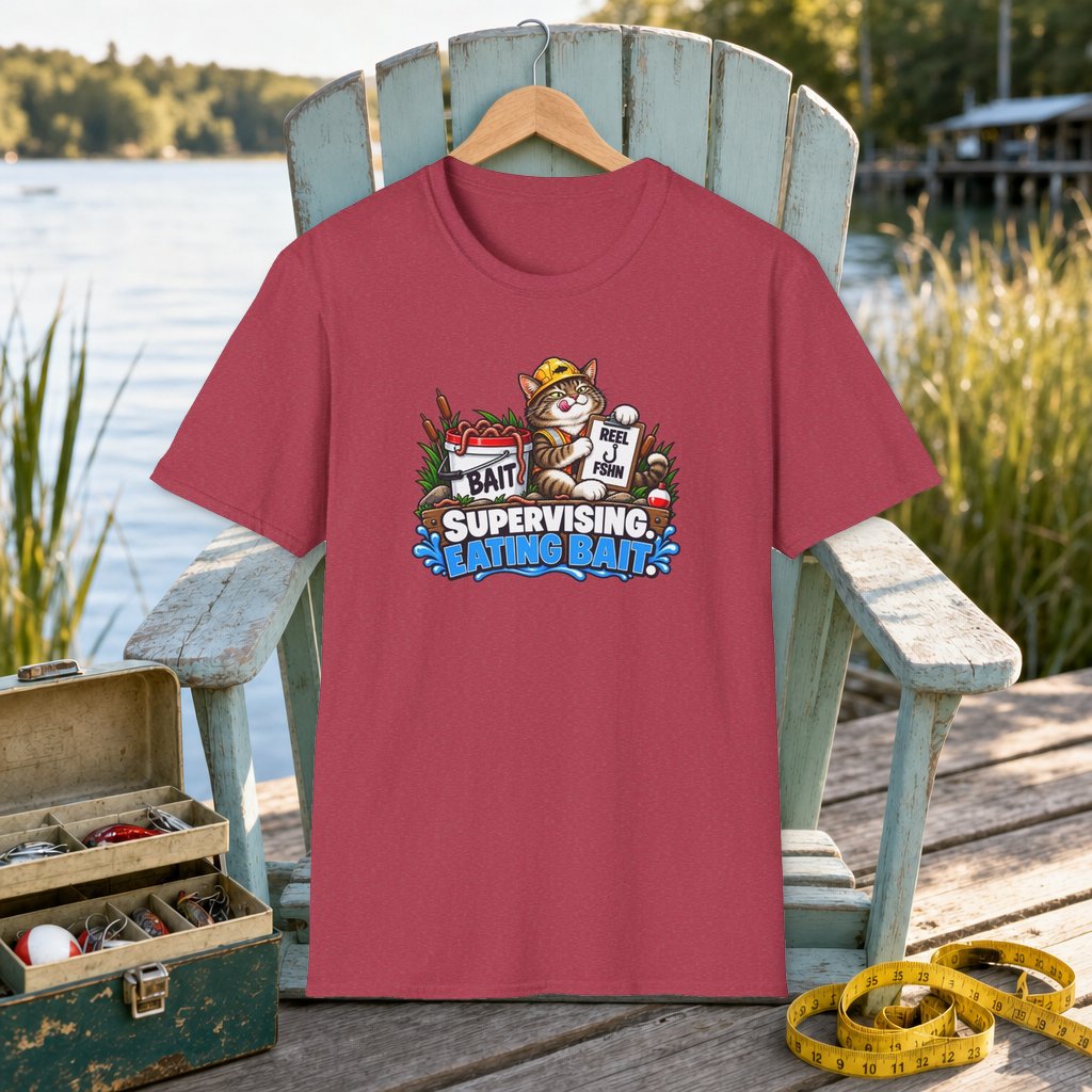 Supervising.  Eating Bait T-Shirt on a hanger on a seafoam fishing chair beside a lake, tackle box, and measuring tape