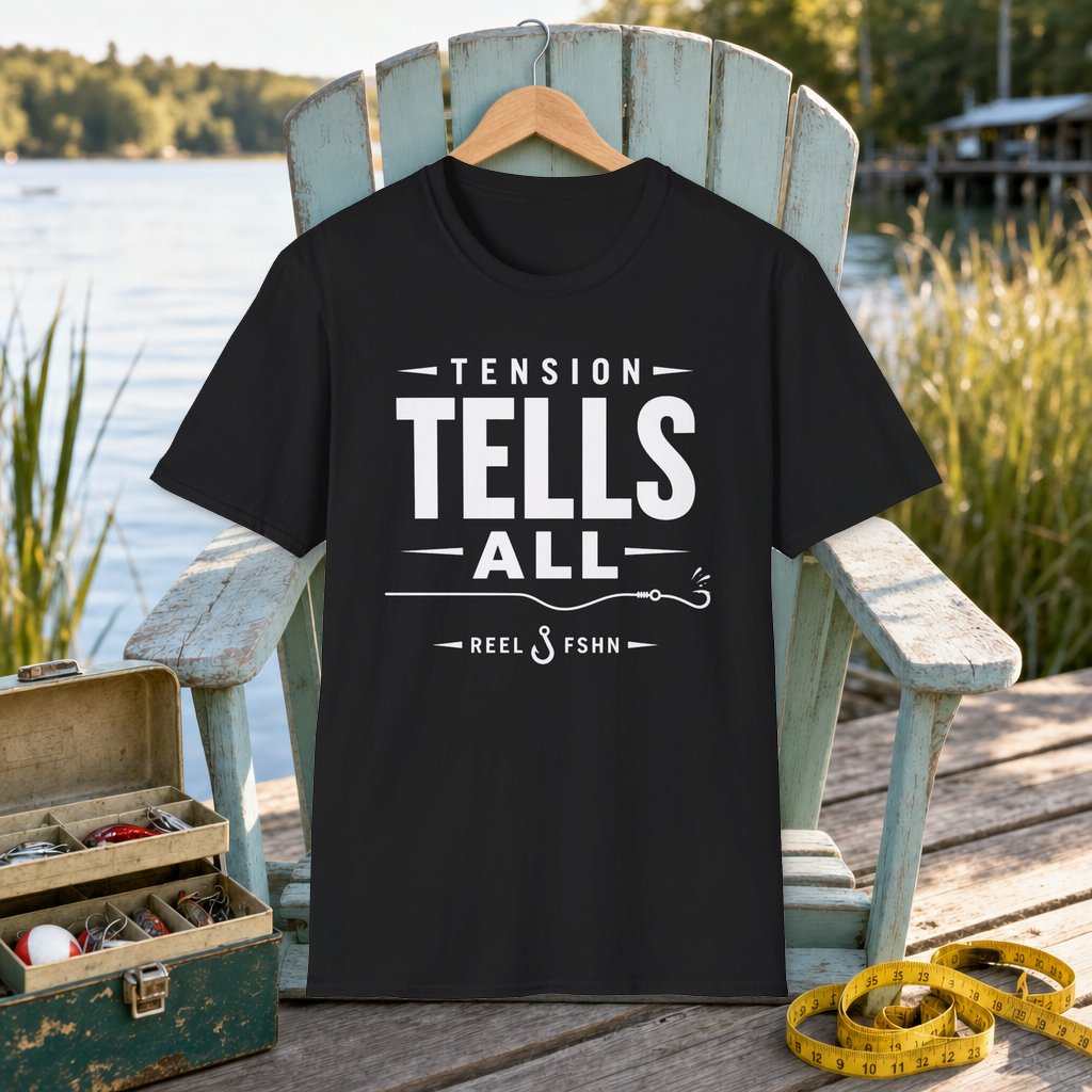 Tension Tells All T-Shirt on a hanger on a seafoam fishing chair beside a lake, tackle box, and measuring tape