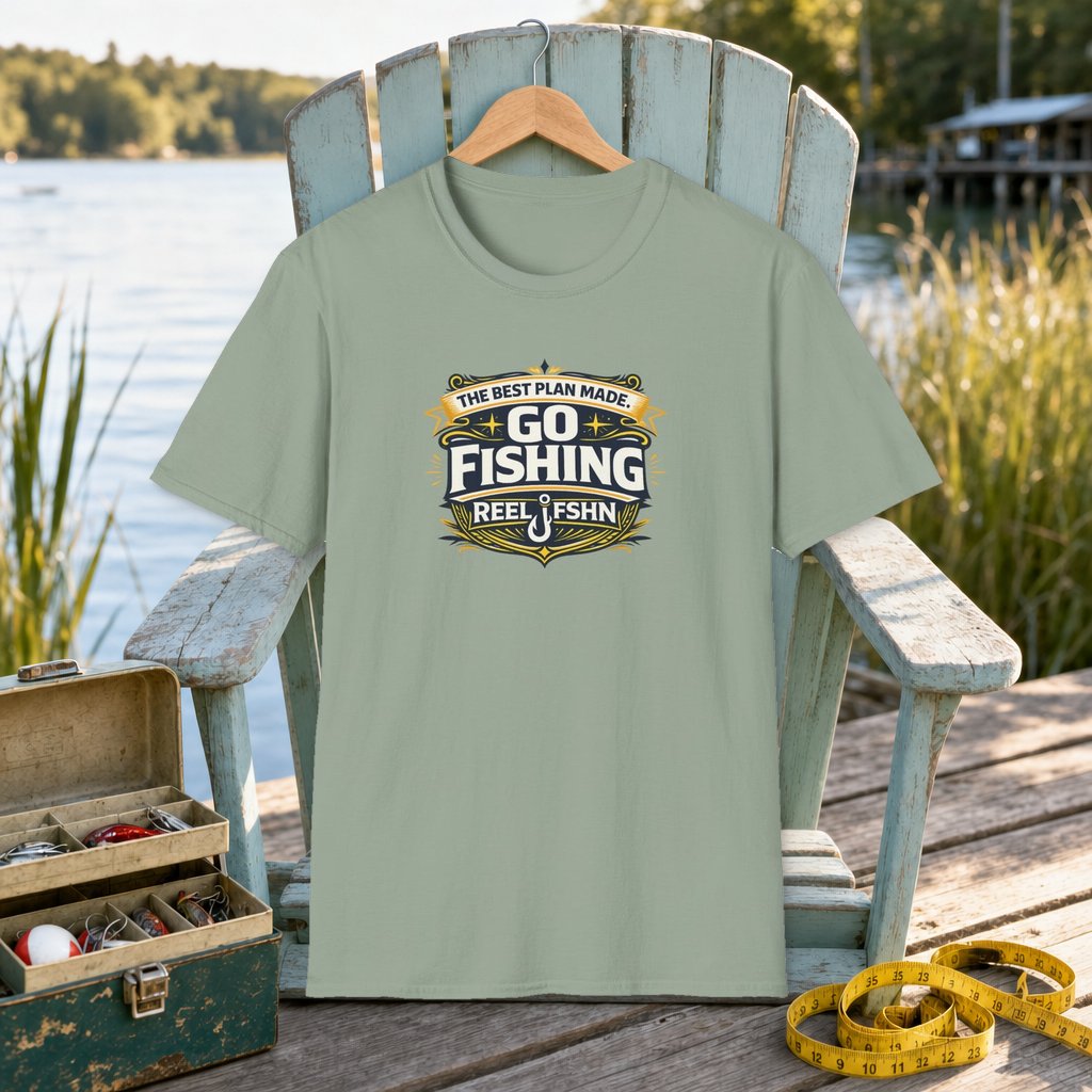 The Best Plan Made. Go Fishing T-Shirt on a hanger on a seafoam fishing chair beside a lake, tackle box, and measuring tape