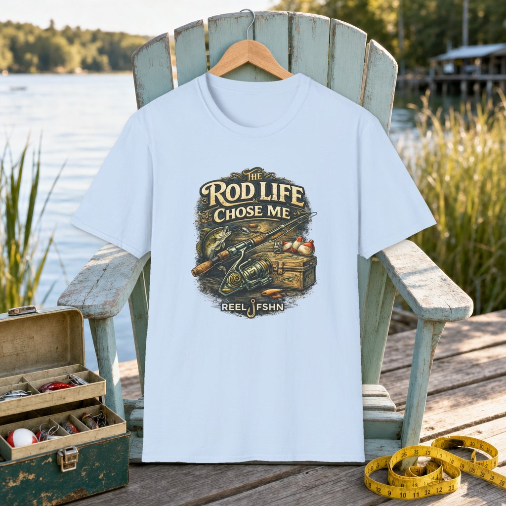 The Rod Life Chose Me T-Shirt on a hanger on a seafoam fishing chair beside a lake, tackle box, and measuring tape