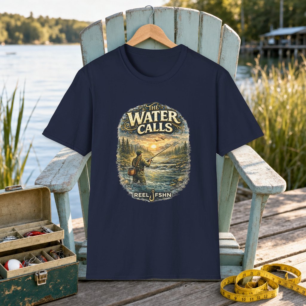 The Water Calls T-Shirt on a hanger on a seafoam fishing chair beside a lake, tackle box, and measuring tape