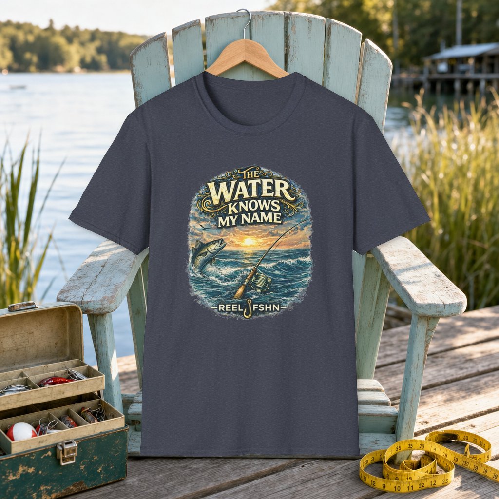 The Water Knows My Name T-Shirt on a hanger on a seafoam fishing chair beside a lake, tackle box, and measuring tape