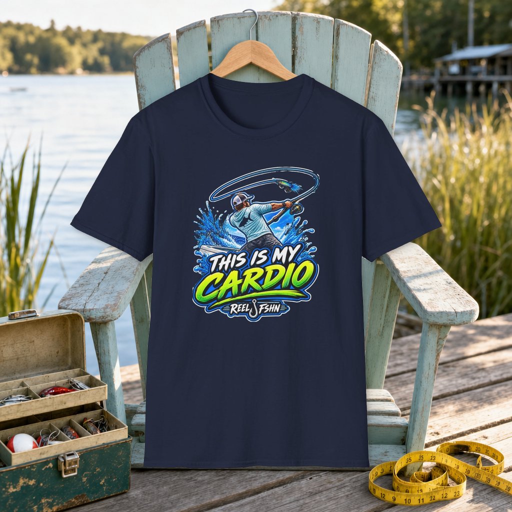 This Is My Cardio T-Shirt on a hanger on a seafoam fishing chair beside a lake, tackle box, and measuring tape