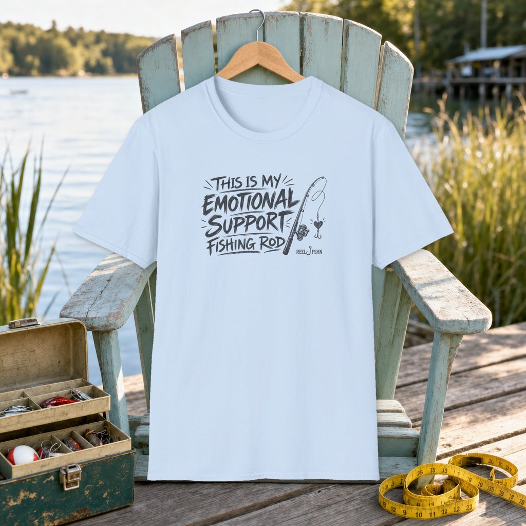 This Is My Emotional Support Fishing Rod T-Shirt on a hanger on a seafoam fishing chair beside a lake, tackle box, and measuring tape