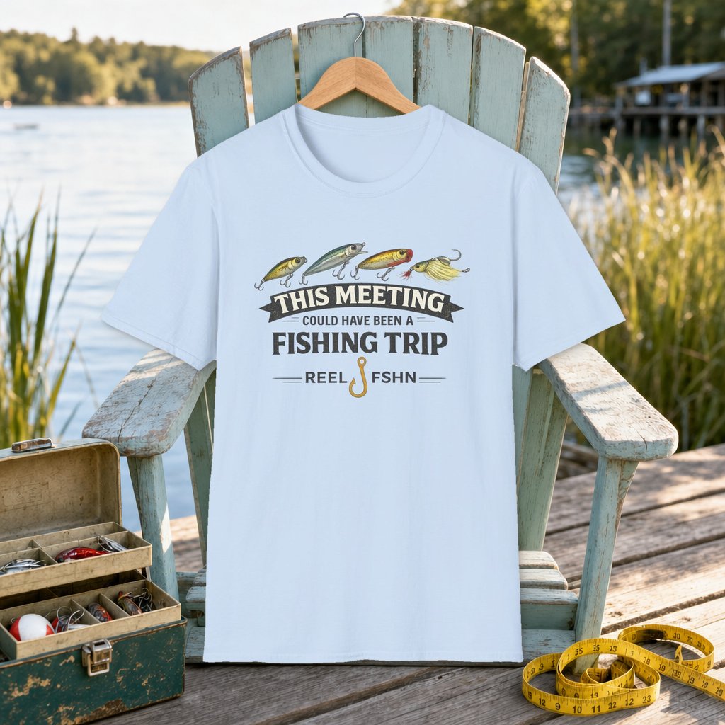This Meeting Could've Been A Fishing Trip T-Shirt on a hanger on a seafoam fishing chair beside a lake, tackle box, and measuring tape