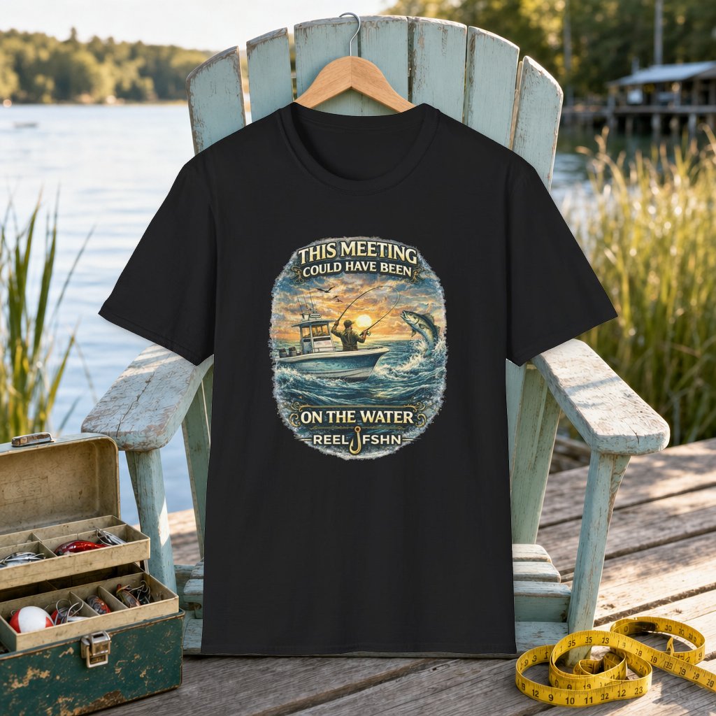 This Meeting Could've Been On The Water T-Shirt on a hanger on a seafoam fishing chair beside a lake, tackle box, and measuring tape