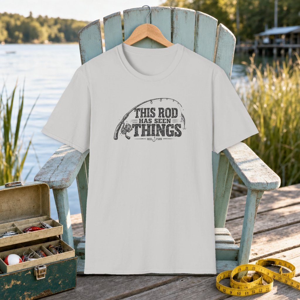 This Rod Has Seen Things T-Shirt on a hanger on a seafoam fishing chair beside a lake, tackle box, and measuring tape