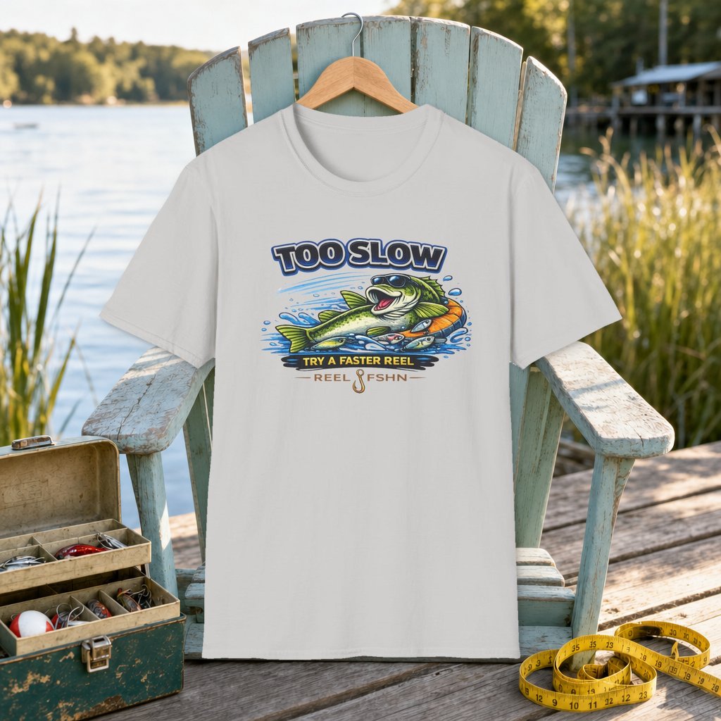 Too Slow Try A Faster Reel T-Shirt on a hanger on a seafoam fishing chair beside a lake, tackle box, and measuring tape