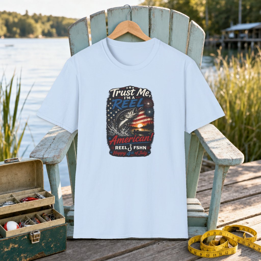 Trust Me, I'M A REEL American Happy 4th of July T-Shirt on a hanger on a seafoam fishing chair beside a lake, tackle box, and measuring tape