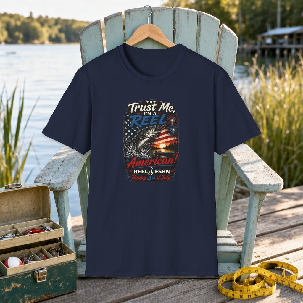 Trust Me, I'M A REEL American Happy 4th of July T-Shirt on a hanger on a seafoam fishing chair beside a lake, tackle box, and measuring tape
