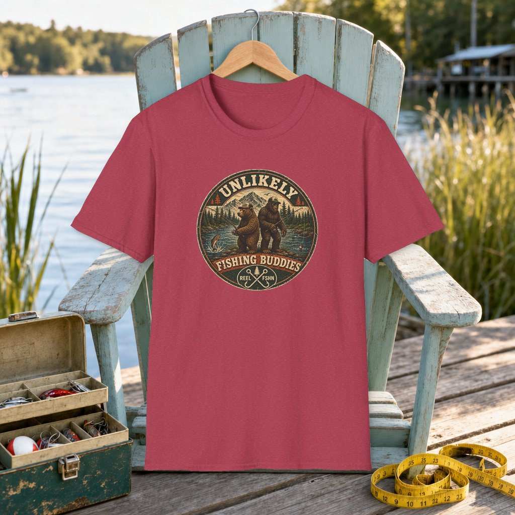 Unlikely Fishing Buddies T-Shirt on a hanger on a seafoam fishing chair beside a lake, tackle box, and measuring tape