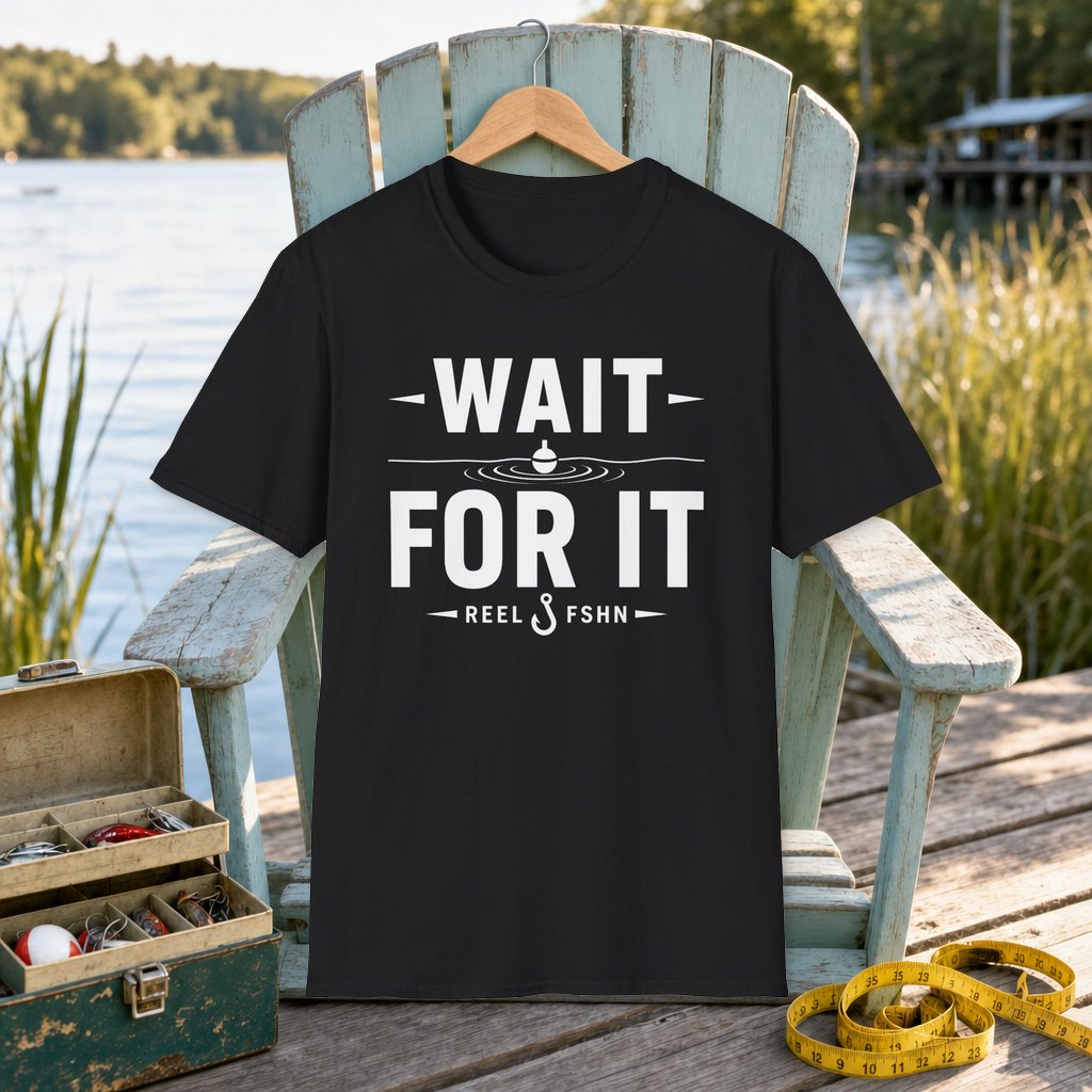 Wait For It T-Shirt on a hanger on a seafoam fishing chair beside a lake, tackle box, and measuring tape